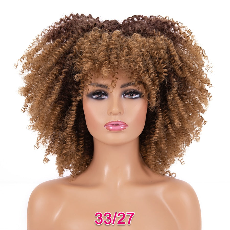 Short Kinky Curly Wigs Pink Blonde Color Curly Afro Wig Short 14 Inch Curly Bob Wig Synthetic Heat Resistant Wigs With Bangs