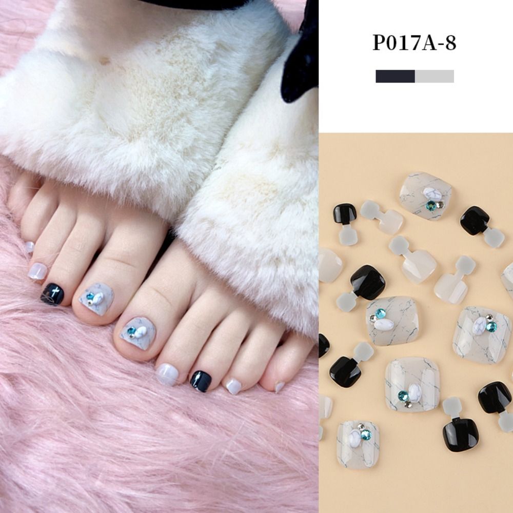 Artificial Toenails Glitter Rhinestones Sequins Fake Toenails Full Cover Short Square Toe Nails Foot Nails Tips for Women Girls