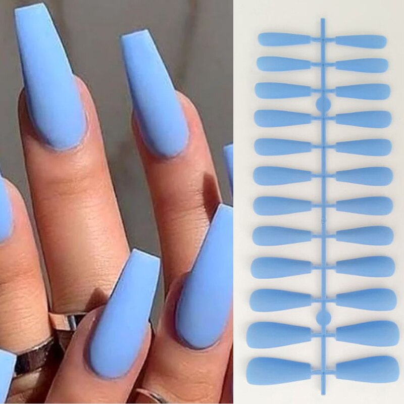 24Pcs/Sheet Matte Fake Nails Full Cover Ballet Fake Nail Elegant Solid Color Long Coffin False Nails Art Artificial Fingernails