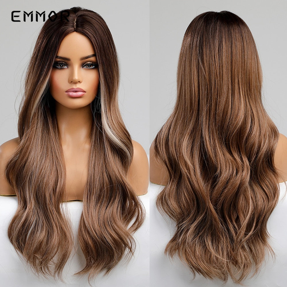 Synthetic Long Wavy Wigs with Bangs for Women Cosplay Natural Ombre Black to Pink Hair Wig High Temperature Fiber