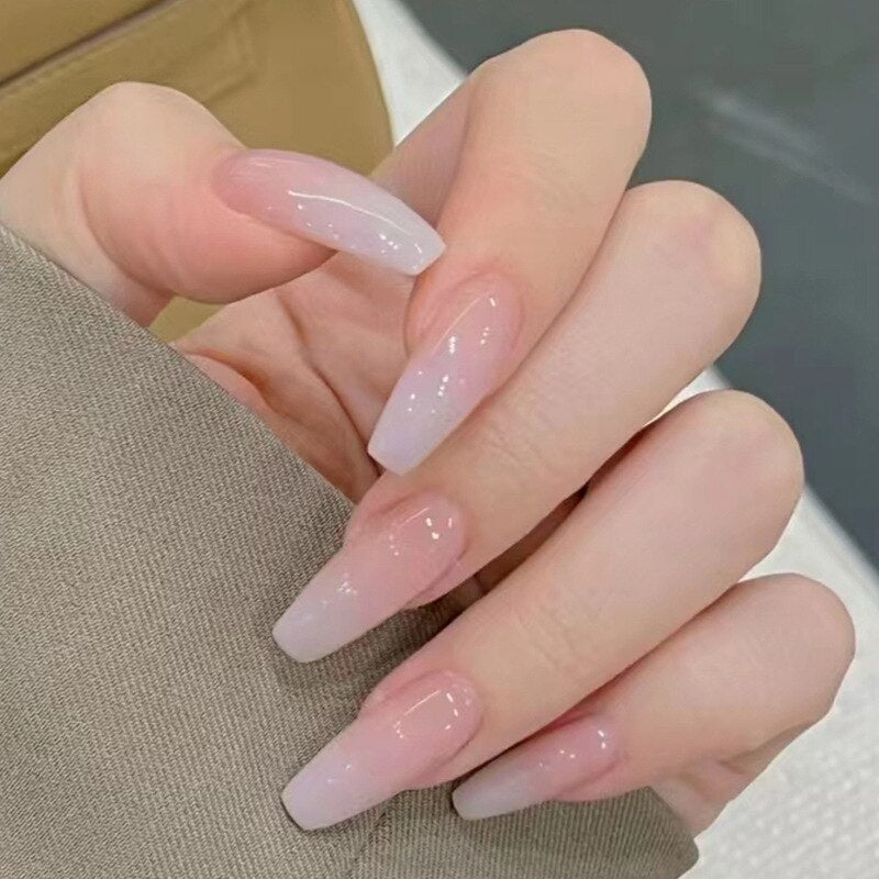 24pcs Long gradient nude false nail with glue simple artifical press on nails acrylic nails natural stick on nails set