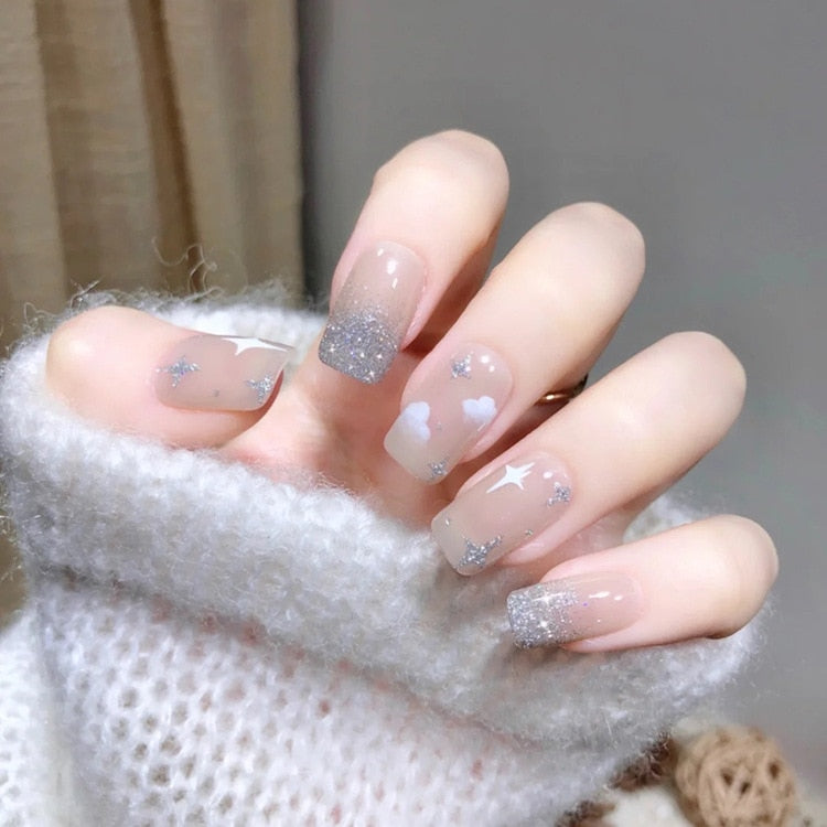 24pcs removeable short fake nails with glue Nude Pink artificial false nails with diamond designs acrylic press on nails