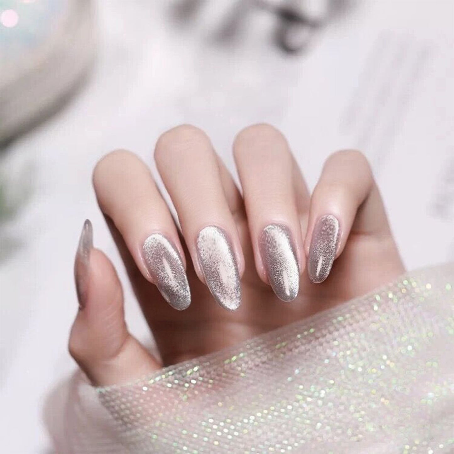 24Pcs/Box Cat Eye Almond False Nails with Design Detachable Wearable Round Head Fake Nails Full Cover Nail Tips Press On Nails