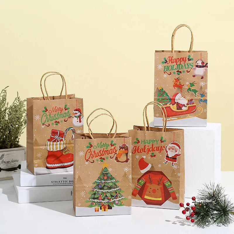 12pcs Christmas Gift Bag with Handles Kraft Paper Bags Santa Claus Snowman Xmas Party Candy Bag Cookie Present Bag Decor