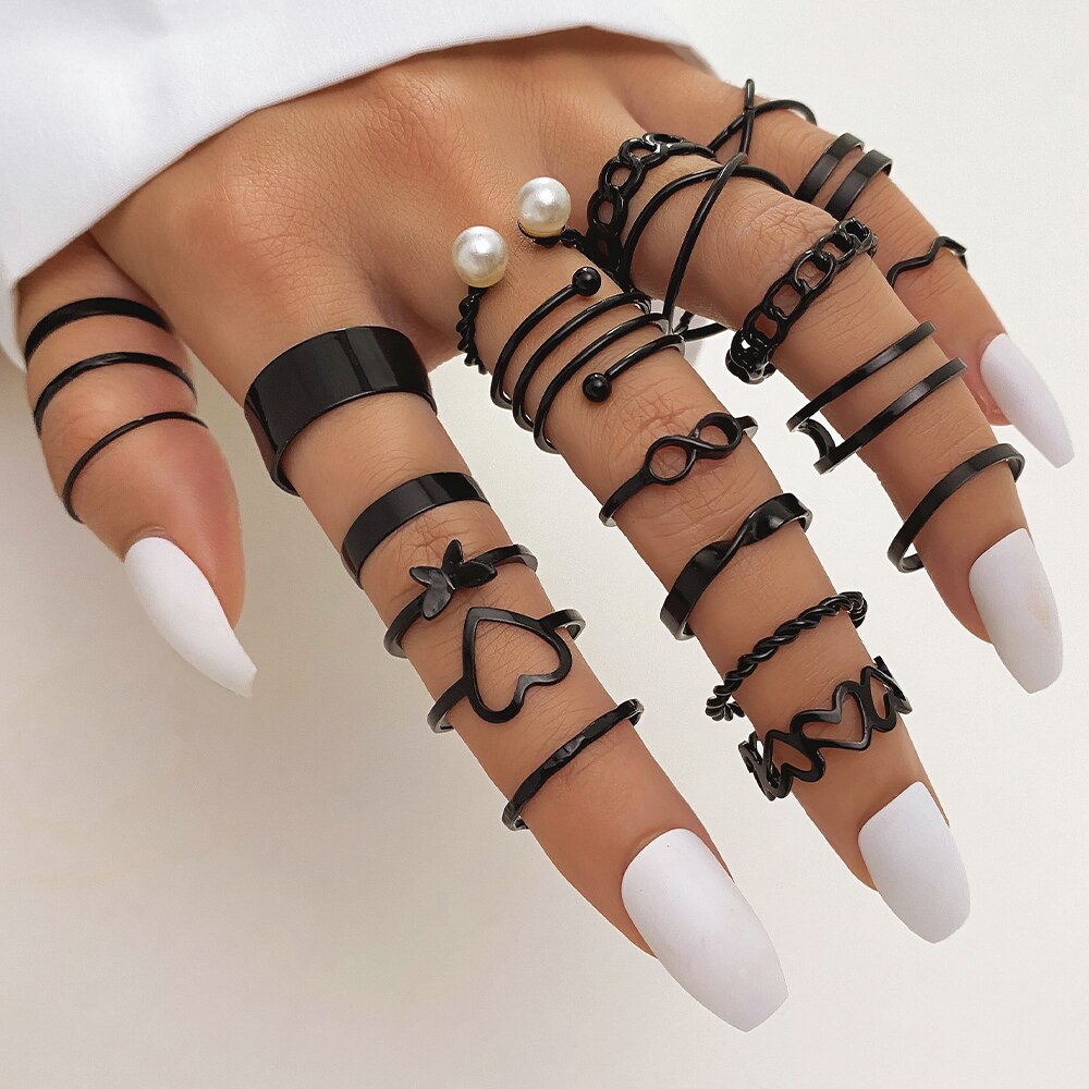 22pcs Heart Black Rings Set For Women Vintage Geometric Cross Pearl Butterfly Finger Rings Women Party Jewelry