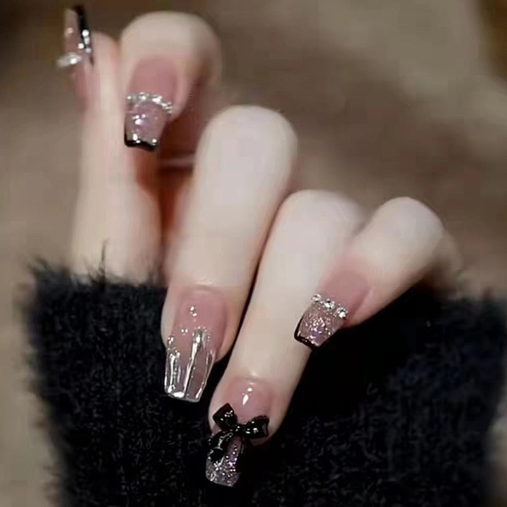 24pcs Rhinestone Design Fake Nails Shiny nail Decorations Press On nail Tips False Nail Patch