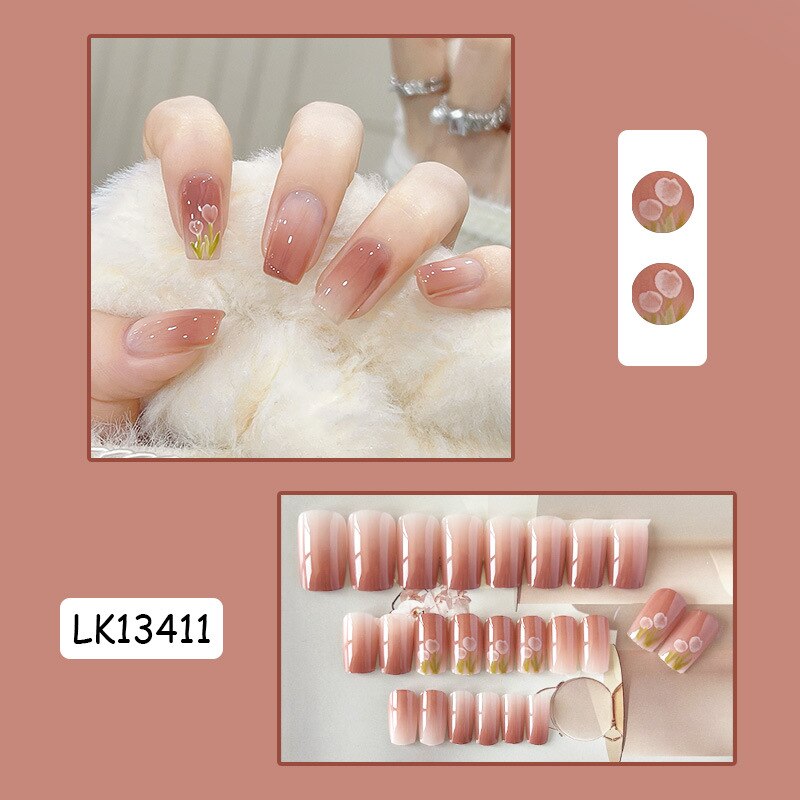 24pc Wearable Gradient fake Nails Nude pink natural Artificial Nails with glue coffin short ballet acrylic press on nails