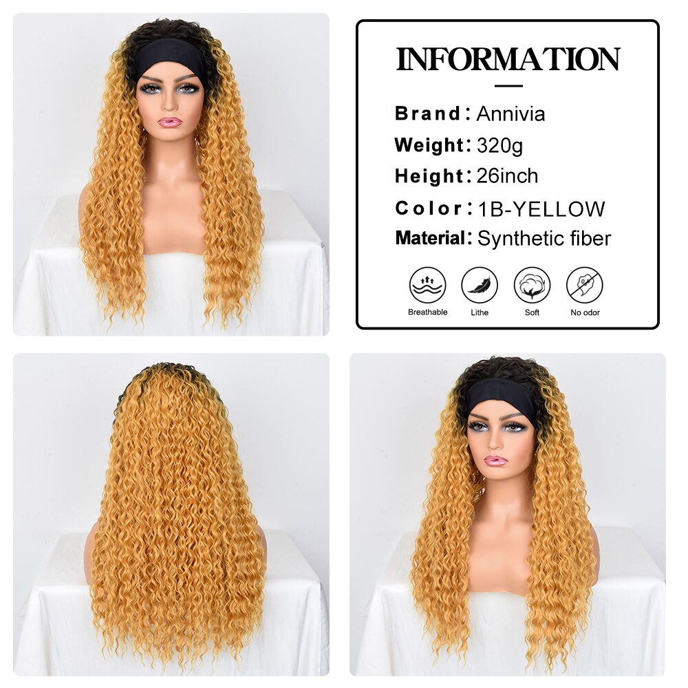 Long Curly Headband Wigs For Black Women 26Inch Water Wave Glueless Synthetic Hair Wigs For Daily Party Use