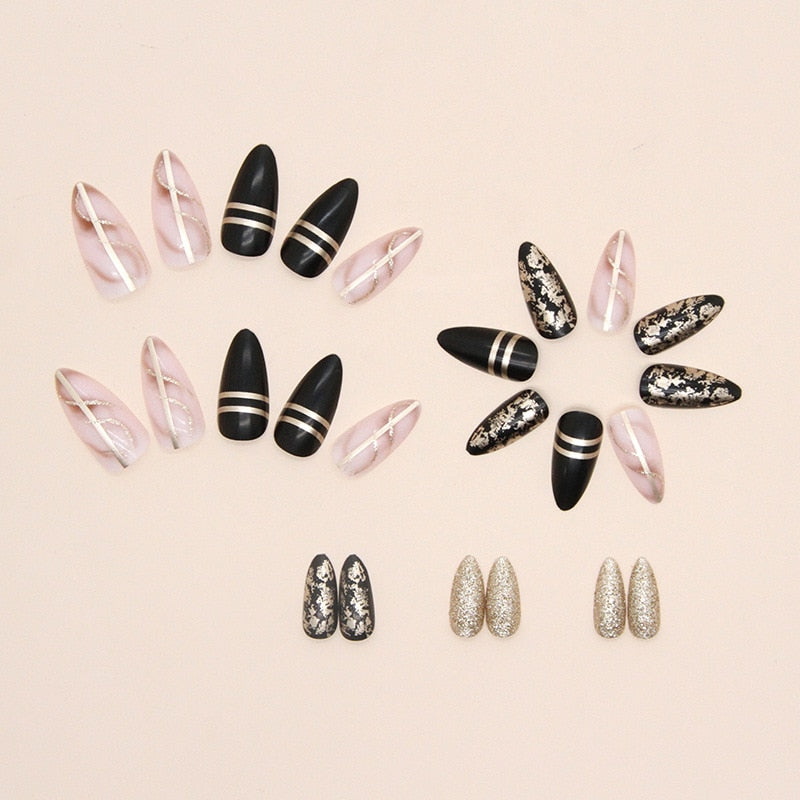 24pcs Long Stiletto Black Almond-Shaped Fake Nails with Dark Amber Gold Foil Sparkle Wearable Press On Nails French False Nails