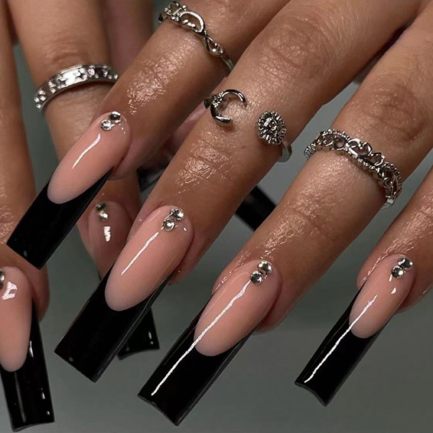 24Pcs Long Coffin False Nails with Glue Wearable Brown Fake Nails with   Rhinestones Ballet Press on Nails Full Cover Nail Tips