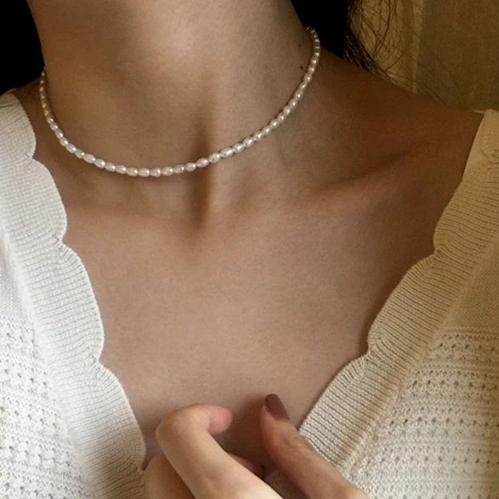 3MM Imitation Pearl Necklace Oval White Stainless Steel Necklace Women's Collarbone Chain