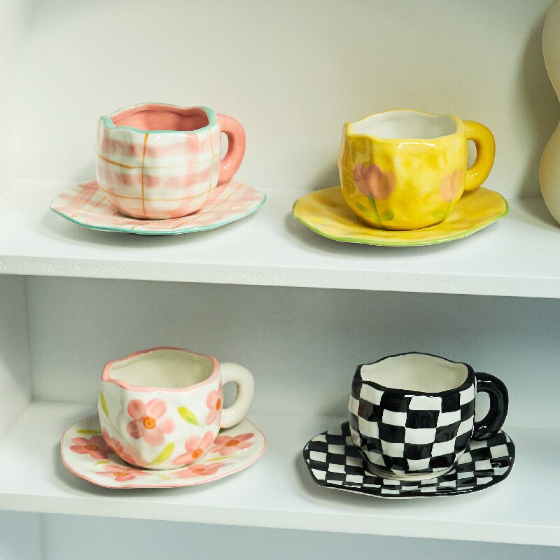 Chessboard Cup Irregular Handmade Ceramic Mug Coffee Tea Milk Water Cup Pink Girl Cup with Tray Cute Cup