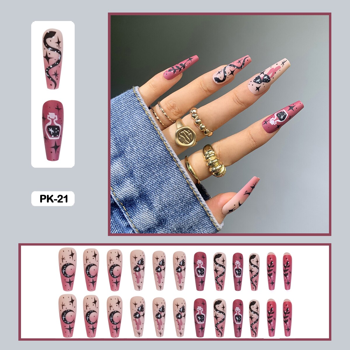 24PCS Dark Punk False Nails with Glue Gradient Long Detachable Fire Stick on Nails Skull Flame  Art DIY Fashion Manicure Tool