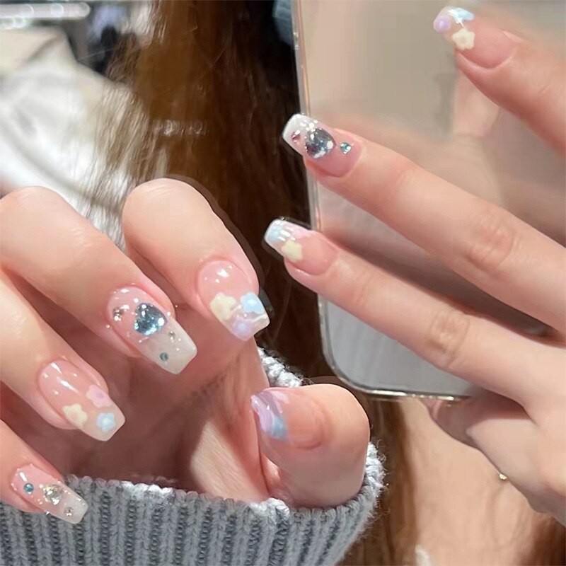 24pcs/box gradient French artifical nails with glue shiny star Fake Nails Lovely Girl korean press on nails ballerina False Nail