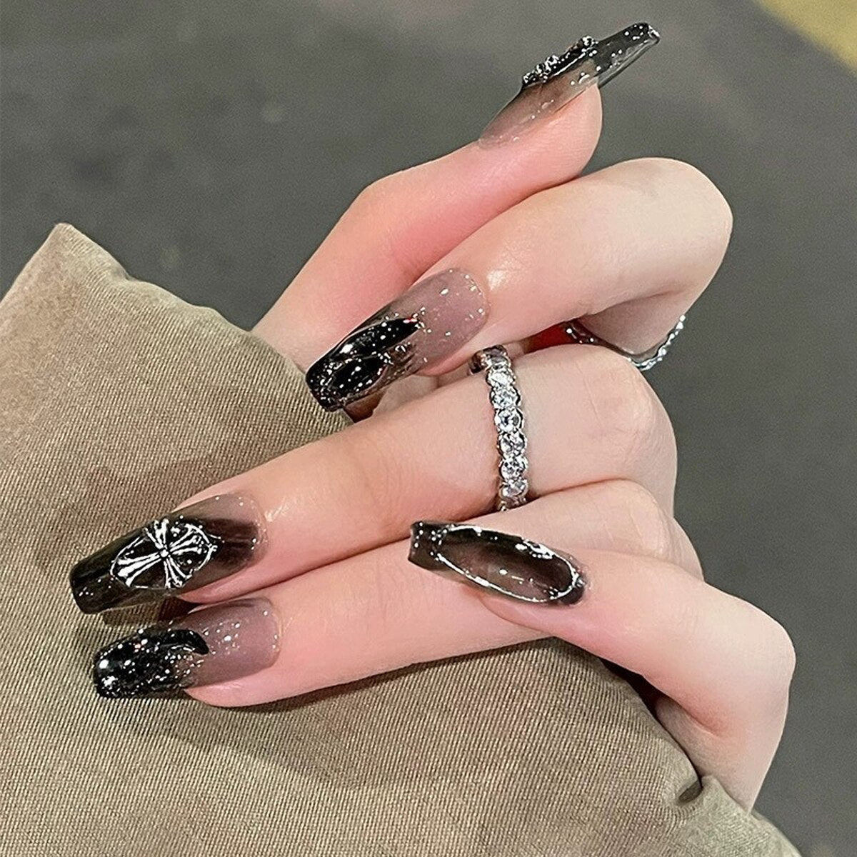 24PCS Dark Punk False Nails with Glue Gradient Long Detachable Fire Stick on Nails Skull Flame  Art DIY Fashion Manicure Tool