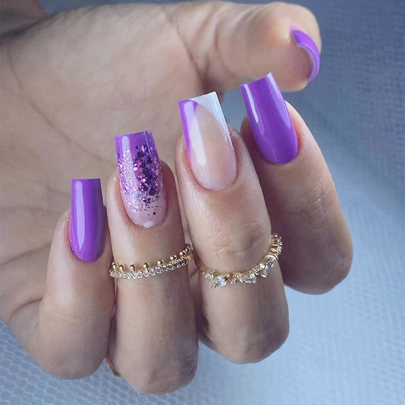 24Pcs Purple Y2K Press on Nails Star Diamond Designs Full Cover Fake Nails Long Coffin Acrylic False Nails