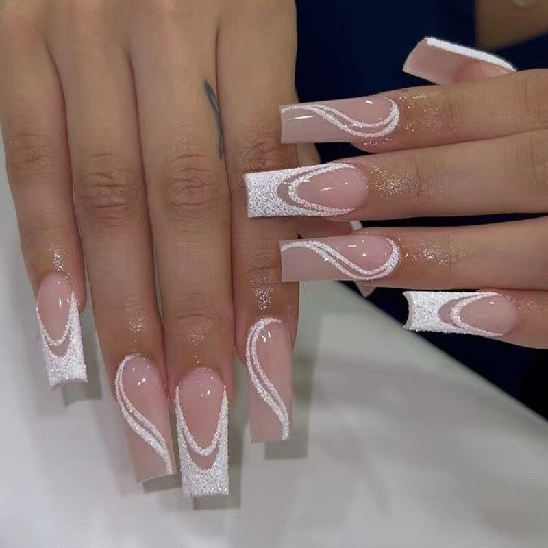 24pc Extra long press on false nails with simple elegant white French design false nails translucent glossy fake nails with glue