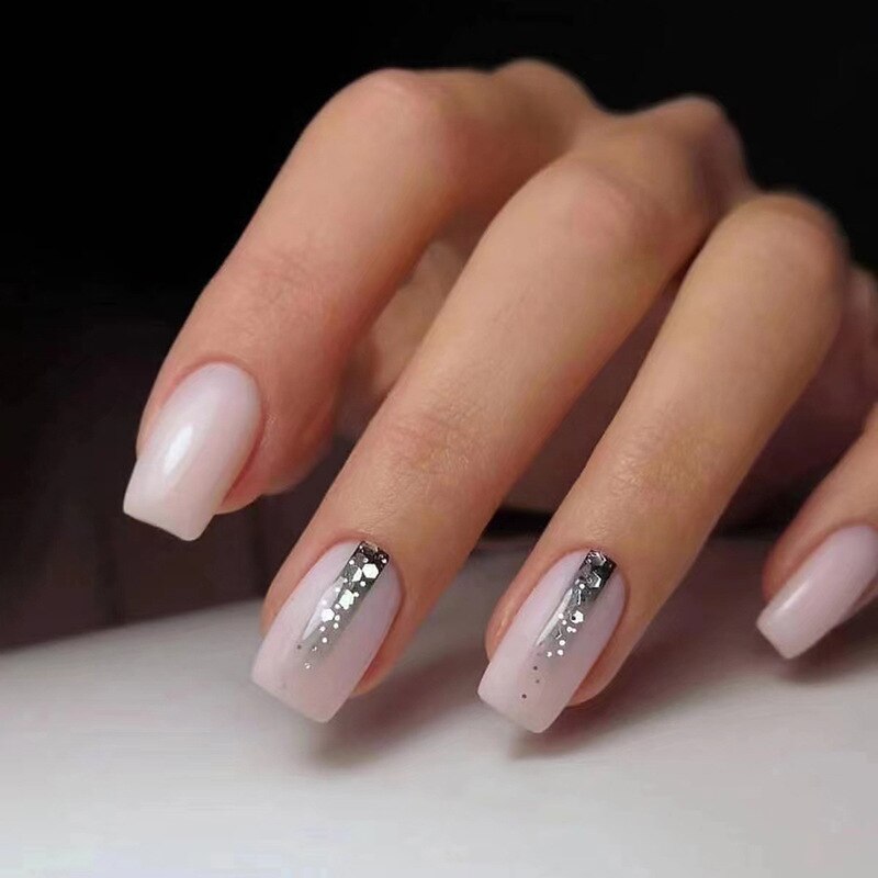 24Pcs Simple False Nails with White Edged Designs Long Ballerina Fake Nails Wearable Coffin French Nails Tips Press on Nails