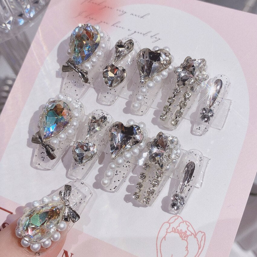 24Pcs/box Luxe Shining Rhinestone Wedding False Nails Transparent Glitter Gems Crown Designed Square Full Short nails Bride