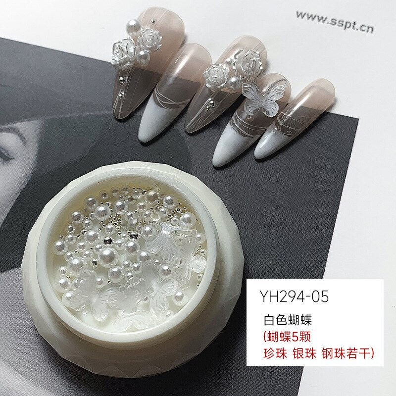 1 box Manicure Black Camellia Nail parts Butterfly Flower Mixed Pearl Jewelry Flat Shaped Diamond Dark Rose Style Nail