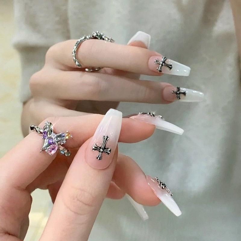 24pcs Wearable korean press on nails short ballet Artificial Nails with glue Cute sweet cool Pearl diamond Designs Fake Nails