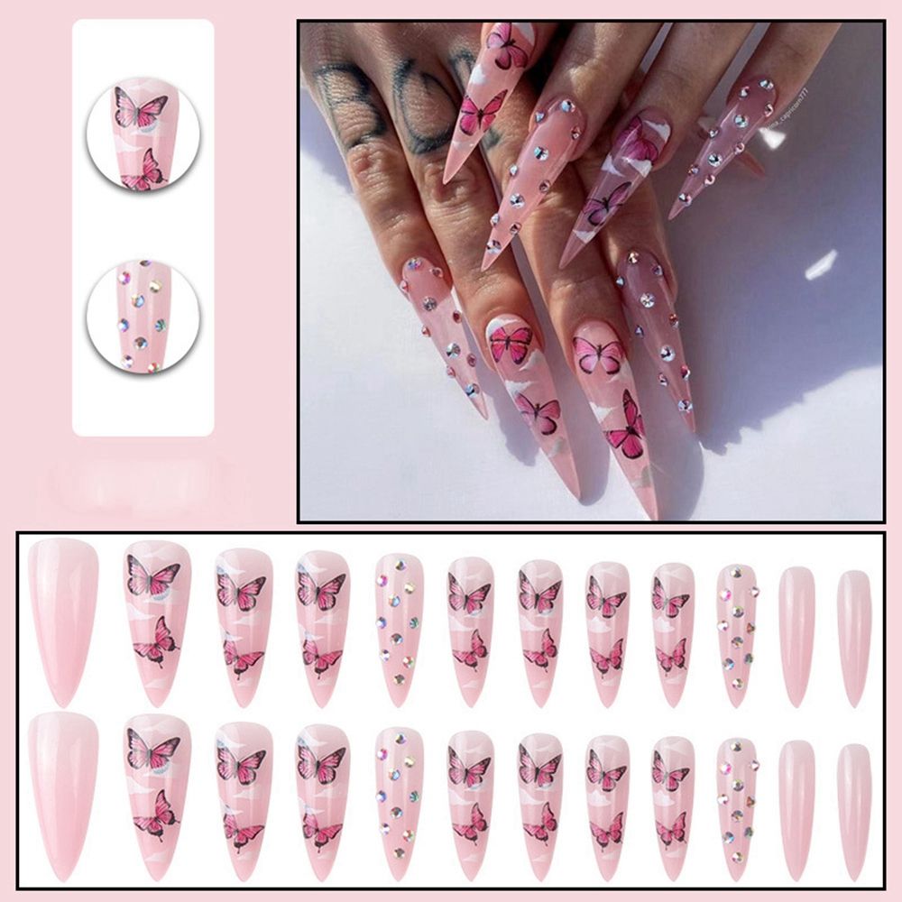 24pcs Long Stiletto False Nails Flower Tree Wearable French Fake Nails Press On Nails Leopard print Design Manicure Tips