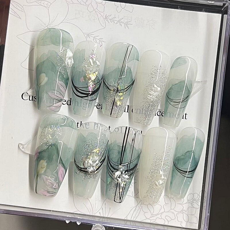 Handmade Mermaid Design Short False Nails Tips Luxury Flower Press On Nail Y2K Reusable Full Cover Coffin Fake Nail With Glue