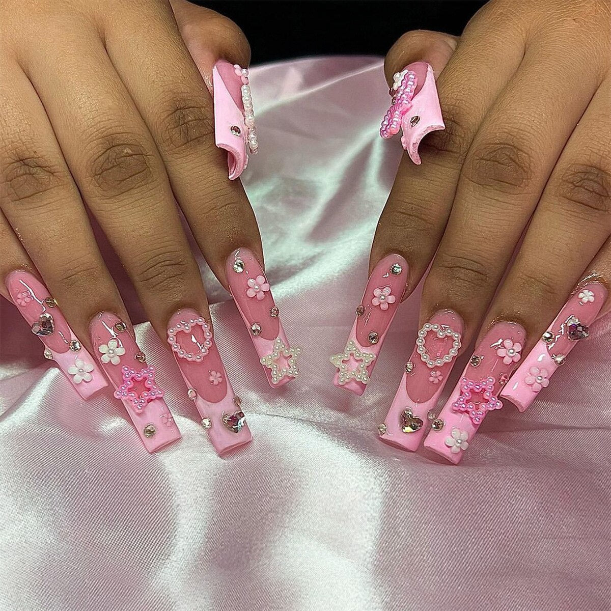 24Pcs Extra Long Ballet False Nails with Rhinestone Acrylic Square Head Fake Nails Heart-shaped Designs Wearable Press on Nails