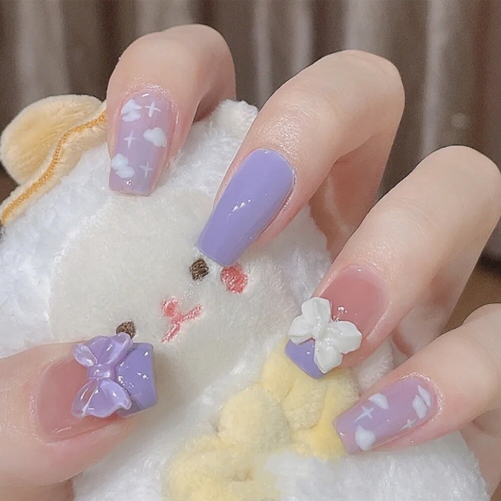 24Pcs Ballerina False Nails Star and Moon Press on Nails Blue with Glue Wearable Fake Nails Glitter Full Cover Nail Tips Art