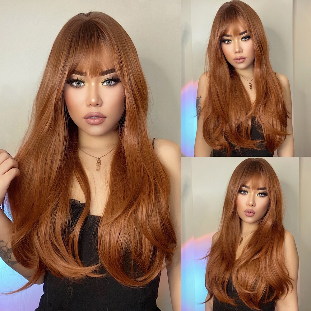 Ginger Orange Synthetic Wigs for Black Women Long Wavy Wigs with Bangs Cosplay Colored Hair Heat Resistant Body Wave Party Wig