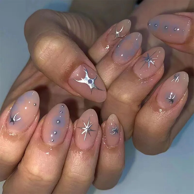 24Pcs Pink Round Head Almond Fake Nails with Heart Shape Rhinestone Wearable Ballerina False Nail Tips Full Cover Press on Nail