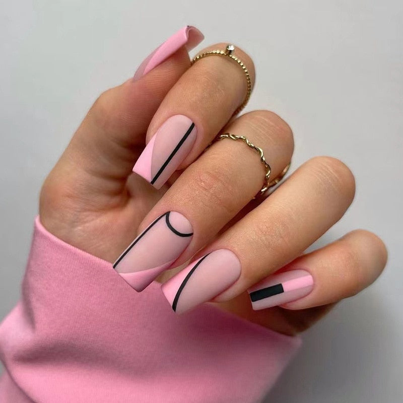 24pcs detachable Matte Pink Leopard Print Gold Line Press On Nails short coffin Blue-purple gradient French fake nails with glue