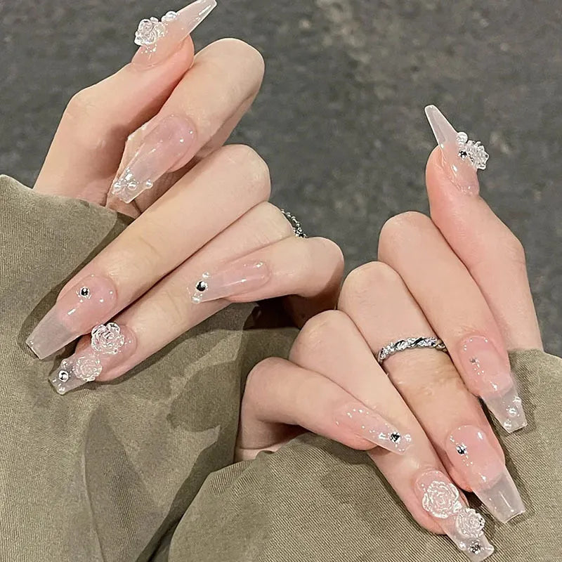 24pcs/box gradient French artifical nails with glue shiny star Fake Nails Lovely Girl korean press on nails ballerina False Nail