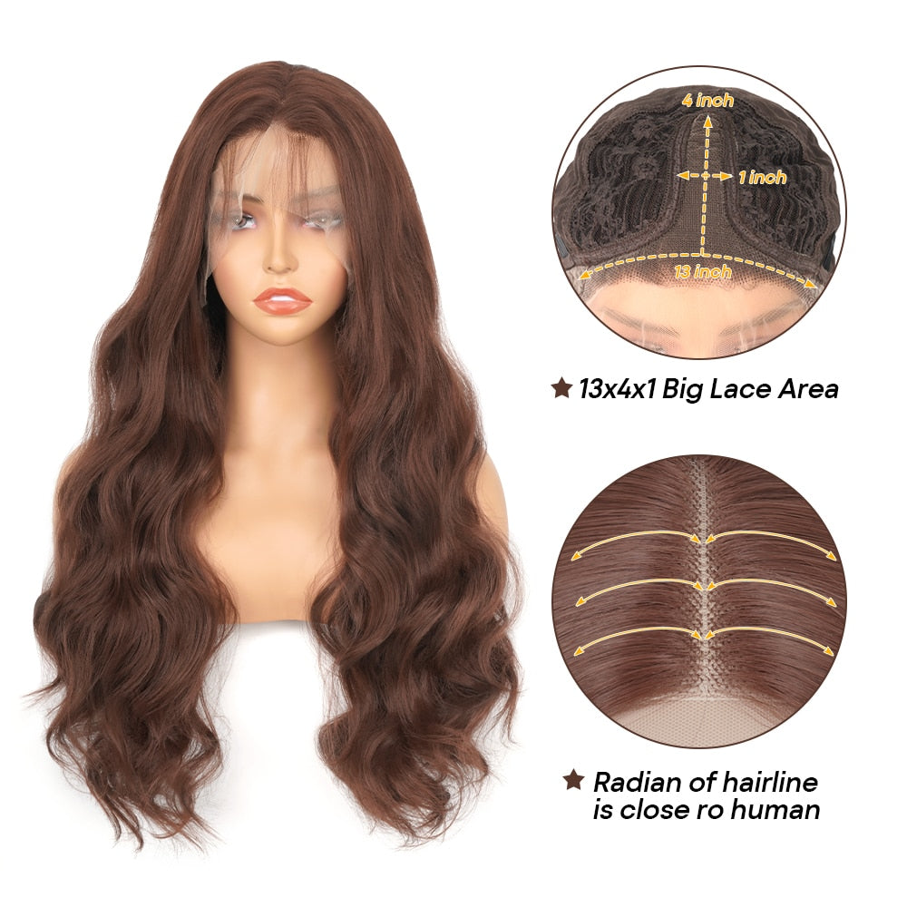 Body Wave Chocolate Brown 13X4 Lace Front Wigs 180% Density Colored Synthetic Dark Brown Lace Front Wig For Black Women