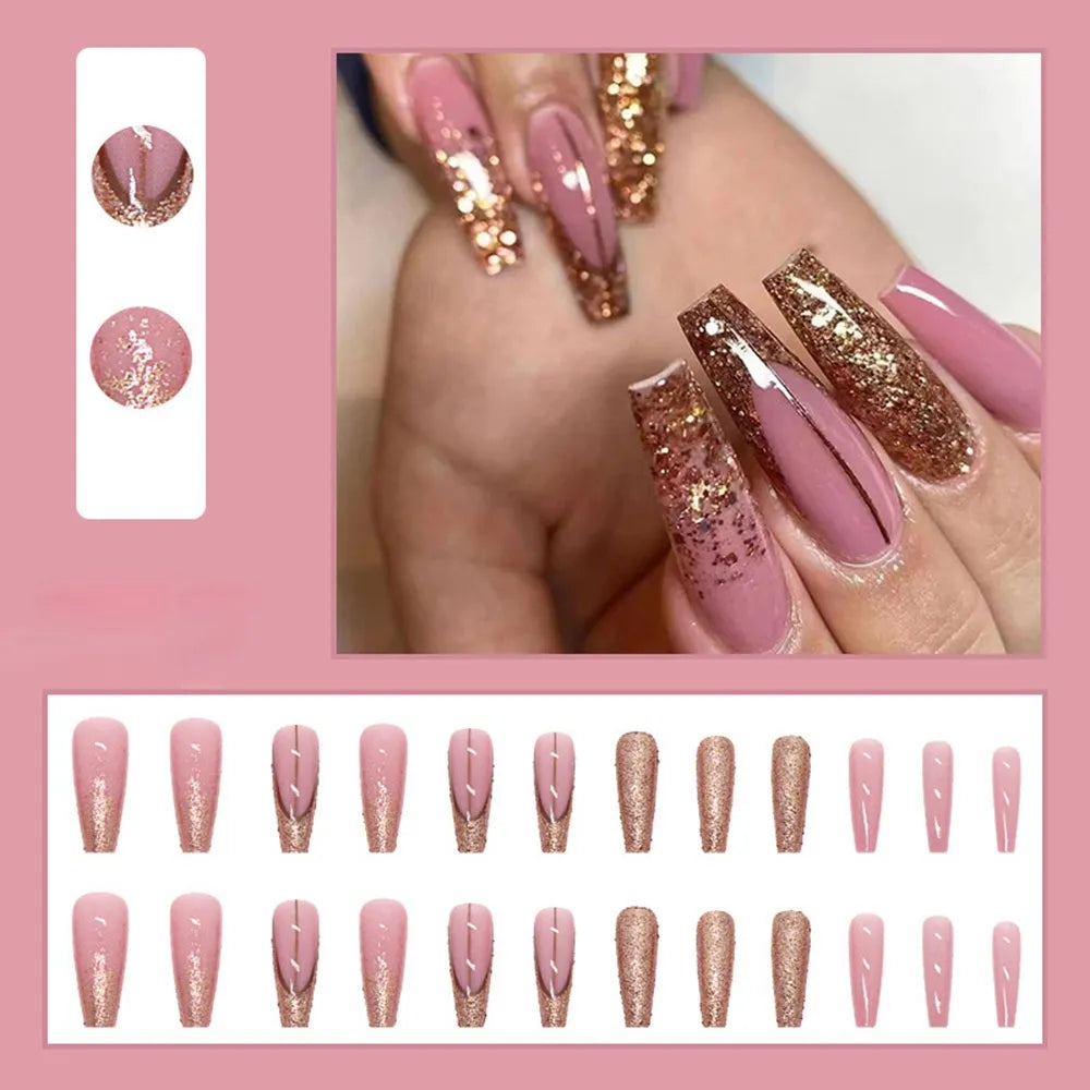 24Pcs Long Coffin False Nails Gold Glitter Sequins Designs Press On Full Cover Fake Nails Tips Wearable Manicure Art