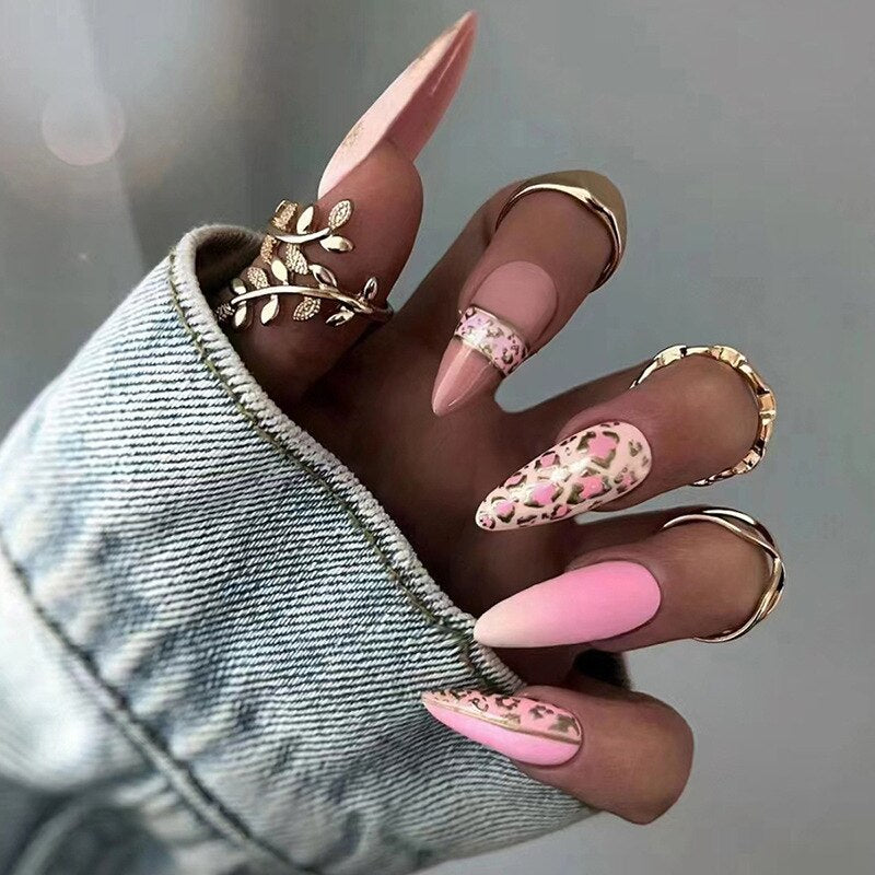 24Pcs Almond Finished Nails Set with Pink Leopard Print Design Long False Nails with Glue Wearable Oval Fake Nails Press On