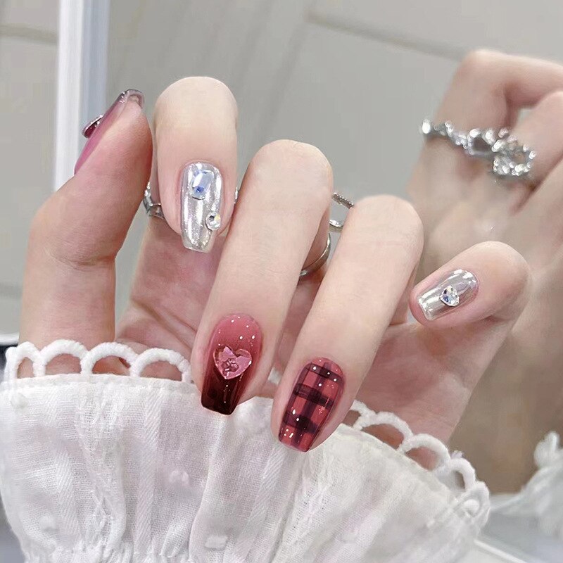 Fake Nails Sets Press on Ballet False Nails with Flower Designs Removable Acrylic Artificial Nails Glitter Nails Art Long Tips