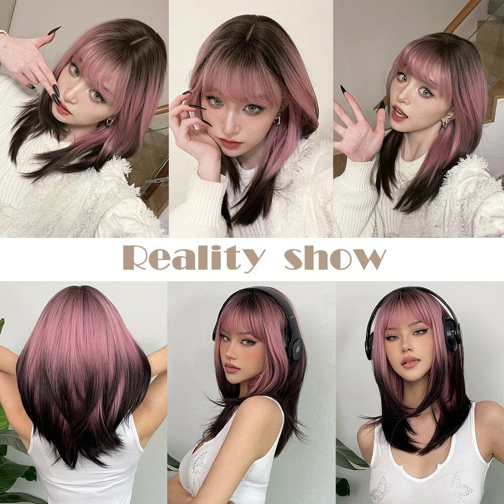 Black Pink Ombre Synthetic Wigs for Cosplay Long Straight Layered Wigs with Bangs for Women Heat Resistant Fake Hair