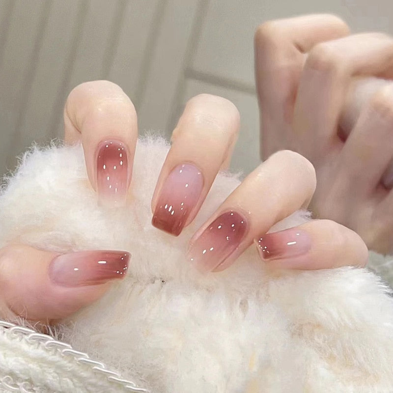 24pcs/Box Long Stiletto False Nails with Glue Red Nude Pink White MilkTea Color Jelly Nails Tips Full Cover Press On Nails