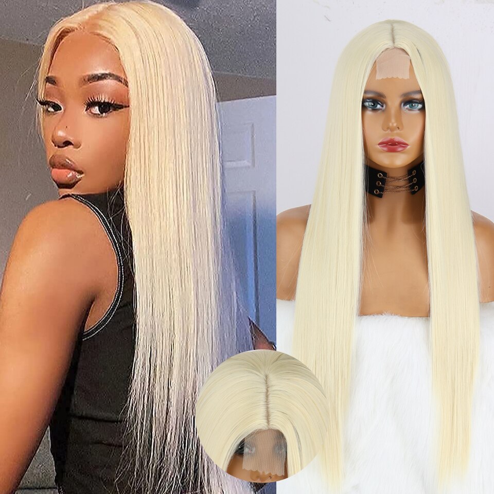 Long Straight White Natural Wigs Middle Part Heat Resistant Synthetic Wigs Suitable for African Women Daily Cosplay Halloween Wig