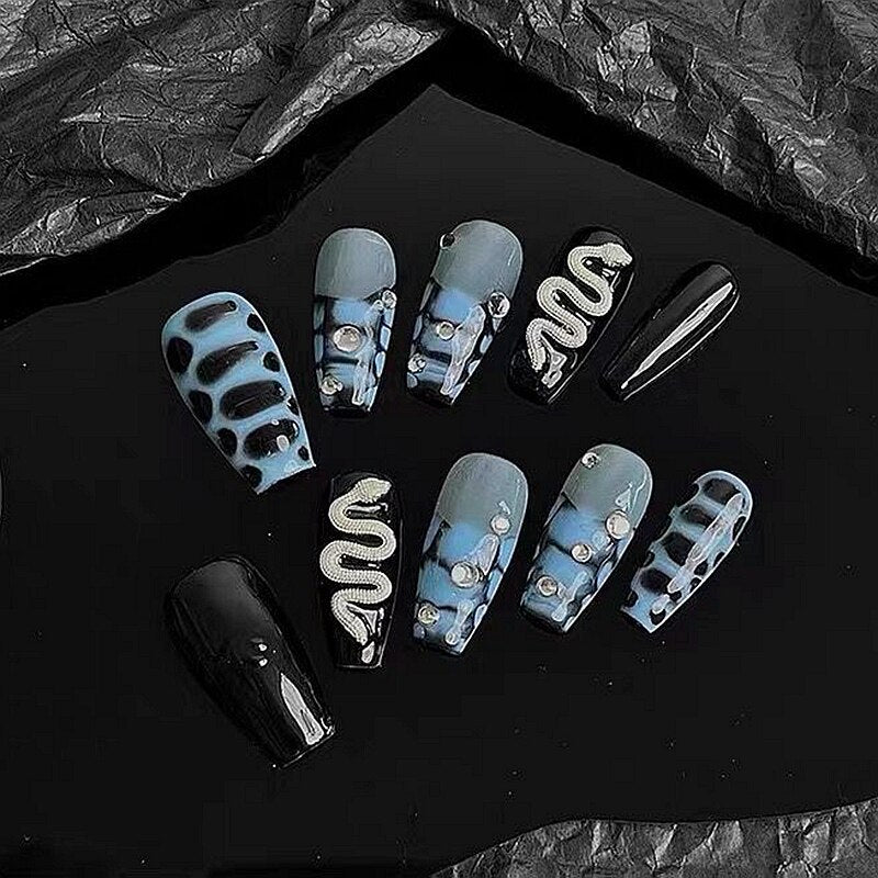 Handmade Glitter Rhinestone Press On Nails Y2K Saturn Snake Design Fake Nail With Glue Reusable Long Coffin False Nails Tips