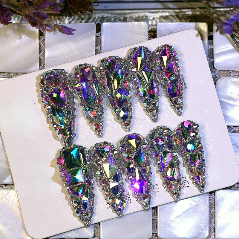 Handmade Luxury Bling Rhinestone False Nails Tips Glittery Full Cover Long Stiletto Coffin Acrylic Fake Nail With Glue Reusable