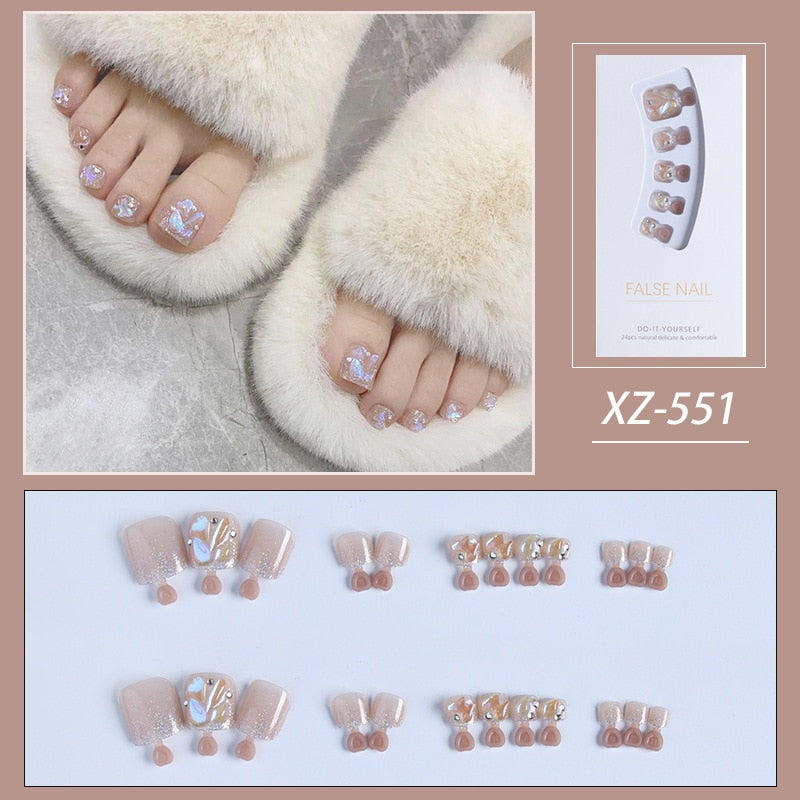 Gold Full Diamond Feet Nails Press On Fake Glitter Toe Nail Stickers Full Cover Toe Nail Tips False Foot Nails