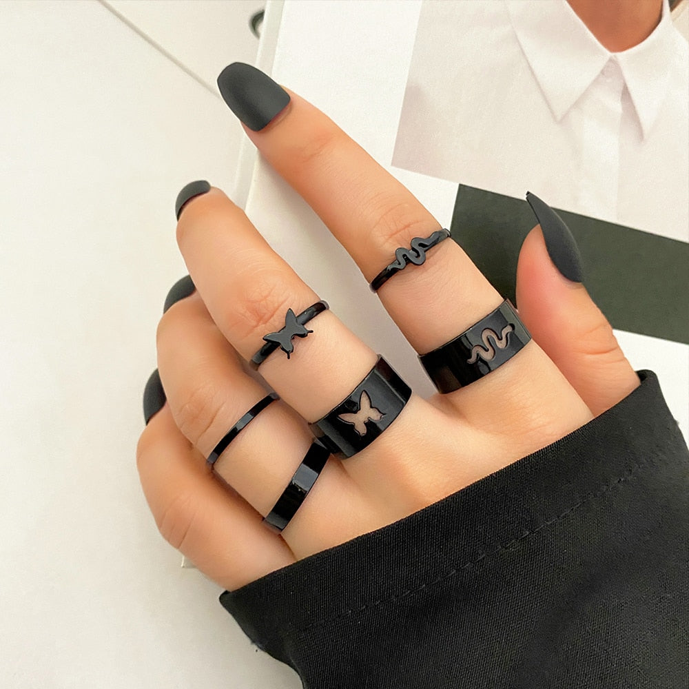 22pcs Heart Black Rings Set For Women Vintage Geometric Cross Pearl Butterfly Finger Rings Women Party Jewelry