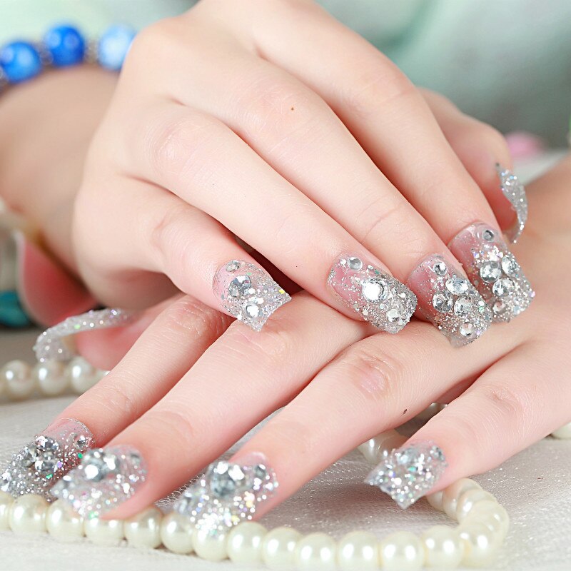 24Pcs/box Luxe Shining Rhinestone Wedding False Nails Transparent Glitter Gems Crown Designed Square Full Short nails Bride