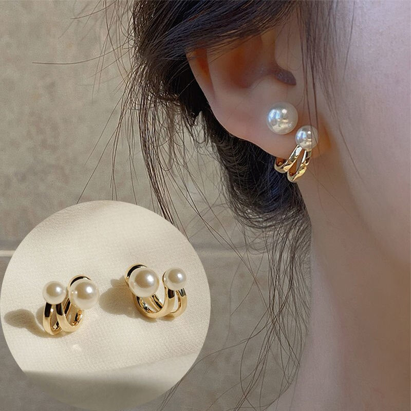 Small Cute Double Layer Pearl Stud Earrings for Women Cartilage Piercing Jewelry Ear Cuff