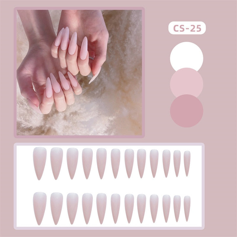 24PCS Khaki Nude Press On False Nails Tips Long Ballerina Pure Color Acrylic Fake Nails Coffin Full Cover Nail With Glue Designs