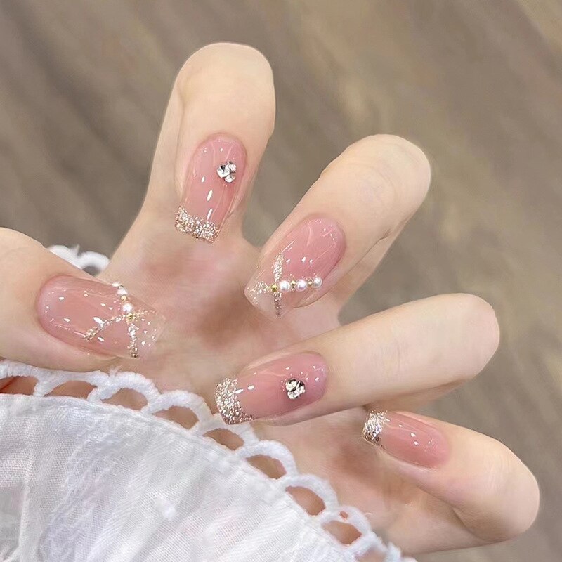 24Pcs/Box Cherry False Nails Pink with Glue Short Ballerina Wearable Fake Nails Acrylic Art Full Cover Press on Nails Tips