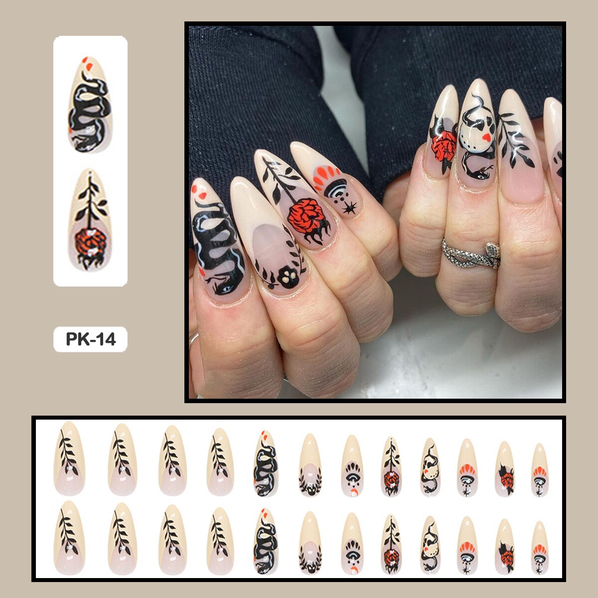 24PCS Dark Punk False Nails with Glue Gradient Long Detachable Fire Stick on Nails Skull Flame  Art DIY Fashion Manicure Tool