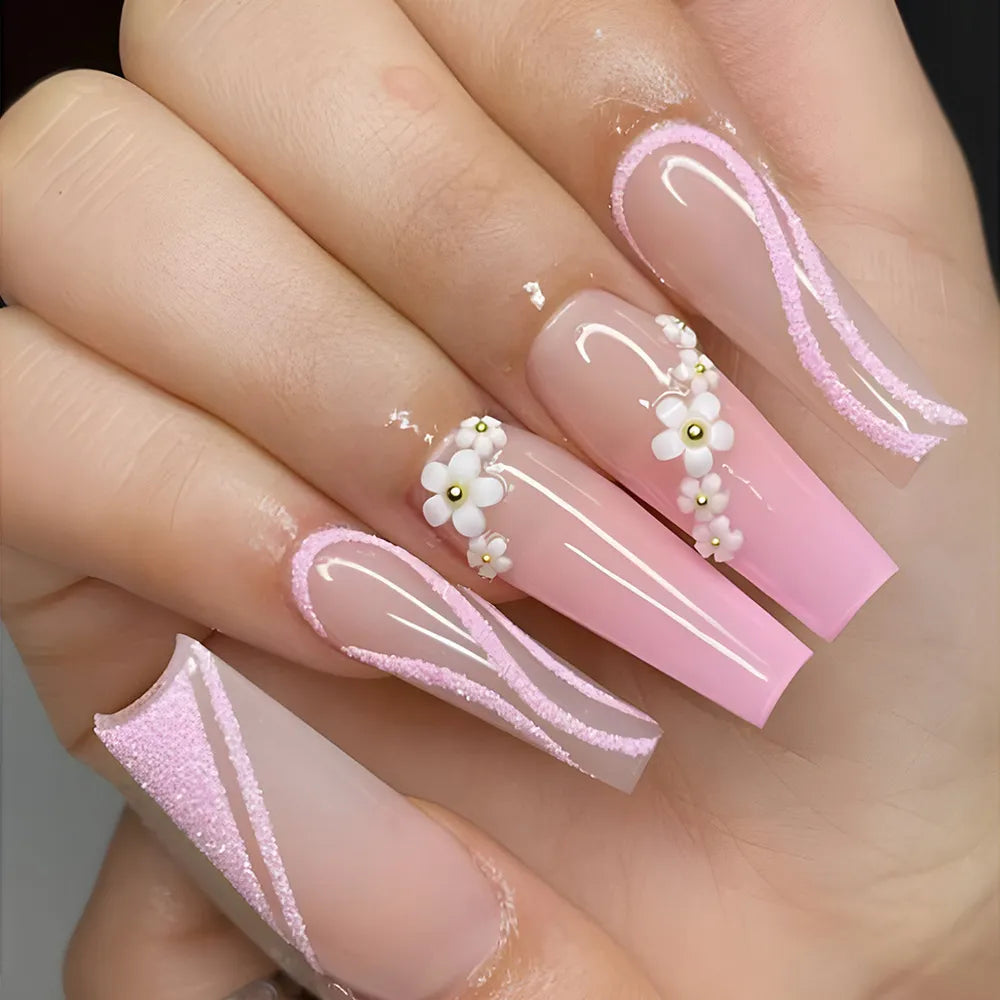 24Pcs Long Ballerina False Nails  Press on Nails Serpentine Flower with Rhinestones French Fake Nails Wearable White Nails Tips